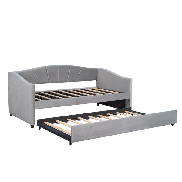 HomeRoots Gray Upholstered Twin Bed Frame with Trundle - Stylish, Space-Saving Design for Cozy Bedrooms! 602066