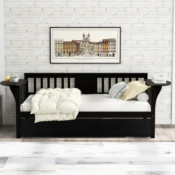 HomeRoots Espresso Twin Bed Frame with Trundle - Stylish Solid Wood Design for Space-Saving Sleep Solutions 602071