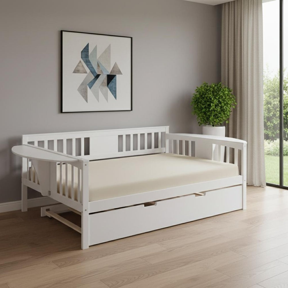 HomeRoots White Wood Full Day Bed with Trundle - Stylish Multi-Functional Bed for Cozy Spaces & Guests 602077