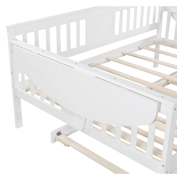 HomeRoots White Wood Full Day Bed with Trundle - Stylish Multi-Functional Bed for Cozy Spaces & Guests 602077