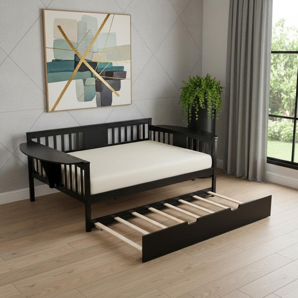 HomeRoots Espresso Wood Full Day Bed with Trundle - Stylish Multi-Functional Solution for Any Space! 602078