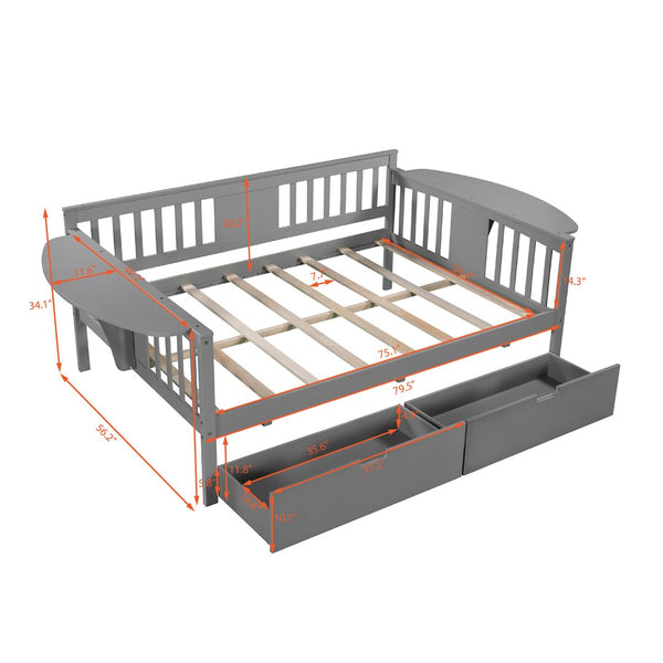 HomeRoots Gray Wood Full Day Bed with Under-Bed Storage Drawers - Modern Design for Versatile Living Spaces 602079