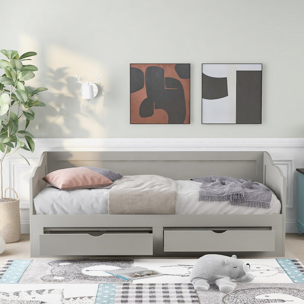 HomeRoots Gray Wood Twin Day Bed with Built-in Drawers – Modern Multifunctional Sofa and Sleeping Solution 602082