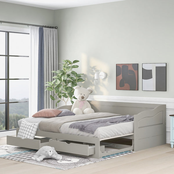 HomeRoots Gray Wood Twin Day Bed with Built-in Drawers – Modern Multifunctional Sofa and Sleeping Solution 602082