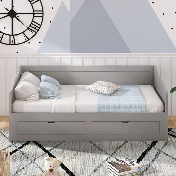 HomeRoots Gray Wood Twin Day Bed with Built-in Drawers – Modern Multifunctional Sofa and Sleeping Solution 602082