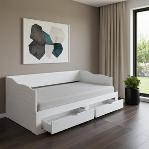 HomeRoots White Wood Twin Bed Frame with Integrated Storage Drawers – Modern Design for Cozy Bedrooms 602083