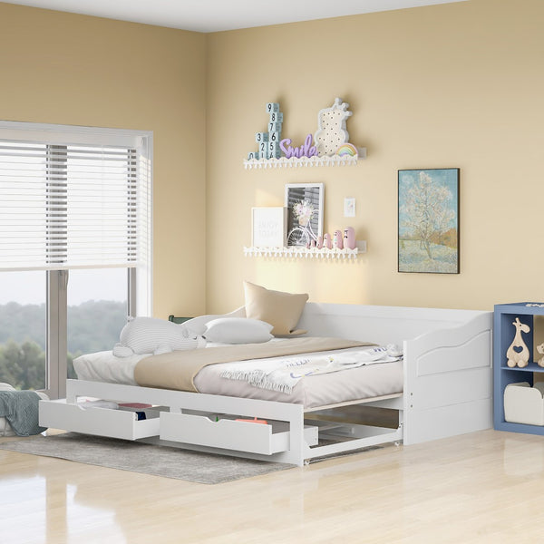 HomeRoots White Wood Twin Bed Frame with Integrated Storage Drawers – Modern Design for Cozy Bedrooms 602083