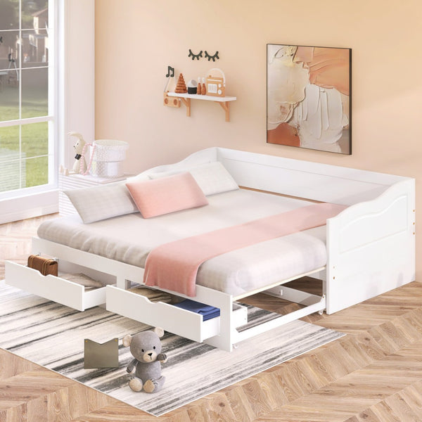 HomeRoots White Wood Twin Bed Frame with Integrated Storage Drawers – Modern Design for Cozy Bedrooms 602083