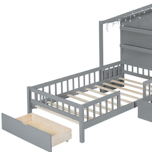 HomeRoots Gray Wood Twin House Bed - Modern Playful Design for Cozy Bedrooms with Sturdy Support & Style 602085