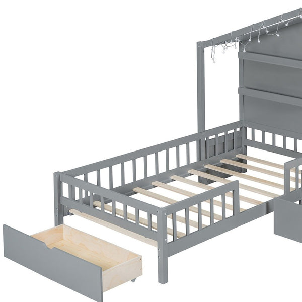 HomeRoots Gray Wood Twin House Bed - Modern Playful Design for Cozy Bedrooms with Sturdy Support & Style 602085
