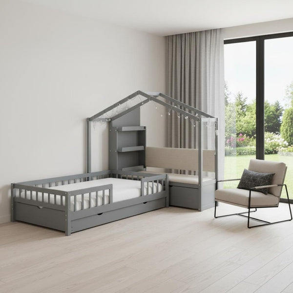 HomeRoots Gray Wood Twin House Bed - Modern Playful Design for Cozy Bedrooms with Sturdy Support & Style 602085