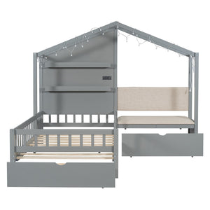 HomeRoots Gray Wood Twin House Bed - Modern Playful Design for Cozy Bedrooms with Sturdy Support & Style 602085