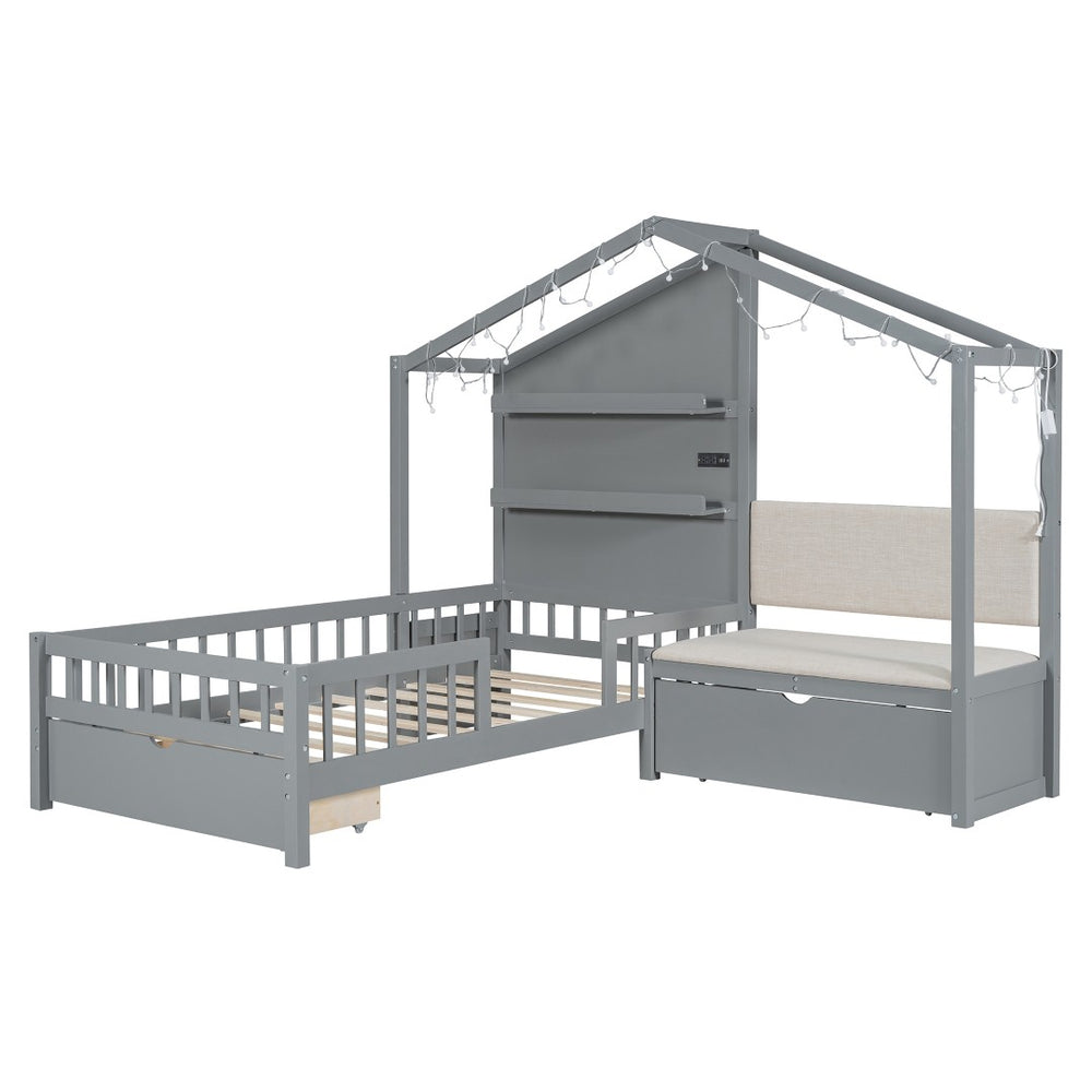 HomeRoots Gray Wood Twin House Bed - Modern Playful Design for Cozy Bedrooms with Sturdy Support & Style 602085