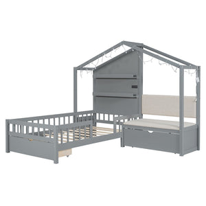 HomeRoots Gray Wood Twin House Bed - Modern Playful Design for Cozy Bedrooms with Sturdy Support & Style 602085