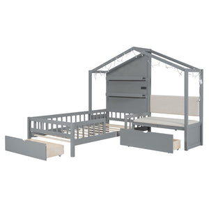 HomeRoots Gray Wood Twin House Bed - Modern Playful Design for Cozy Bedrooms with Sturdy Support & Style 602085