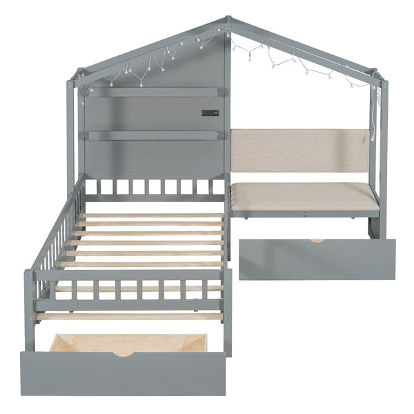HomeRoots Gray Wood Twin House Bed - Modern Playful Design for Cozy Bedrooms with Sturdy Support & Style 602085