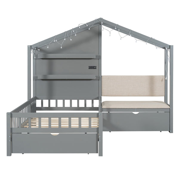 HomeRoots Gray Wood Twin House Bed - Modern Playful Design for Cozy Bedrooms with Sturdy Support & Style 602085