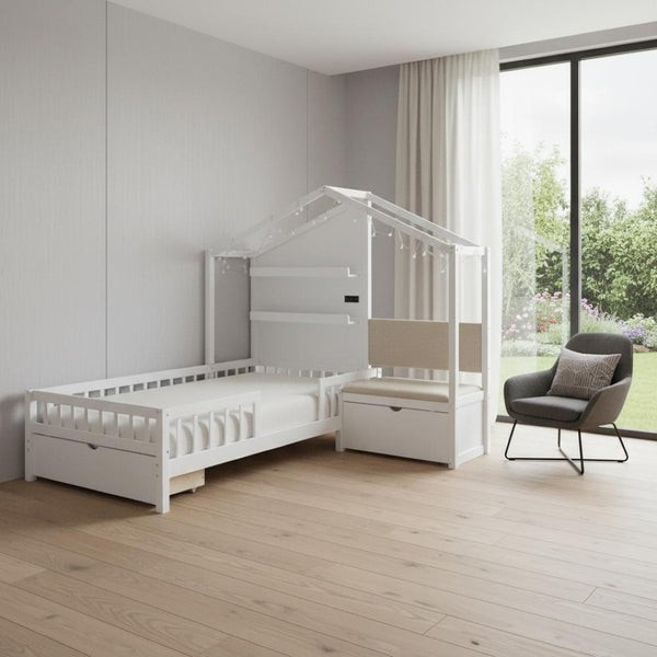 HomeRoots White Wood Twin House Bed Frame - Modern Minimalist Design, Durable, No Box Spring Needed, Cozy Style 602086