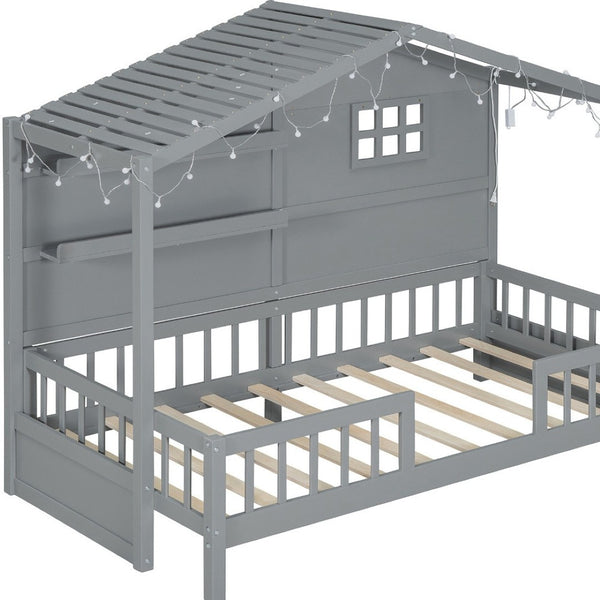 HomeRoots Gray Wood Twin Canopy Bed Frame - Modern Elegance with Sturdy Support for a Restful Bedroom Retreat 602087