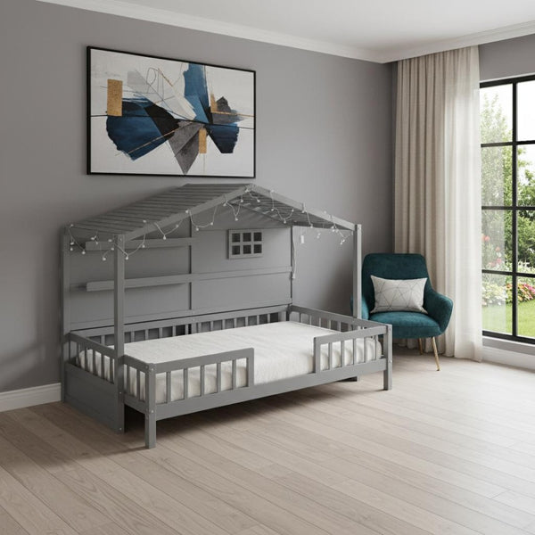 HomeRoots Gray Wood Twin Canopy Bed Frame - Modern Elegance with Sturdy Support for a Restful Bedroom Retreat 602087