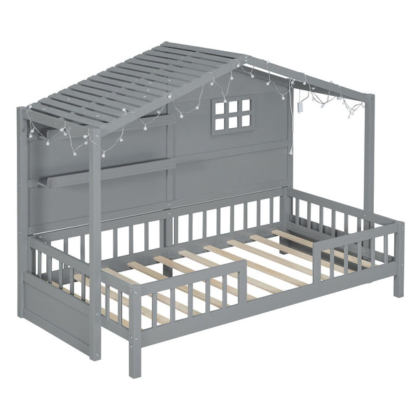 HomeRoots Gray Wood Twin Canopy Bed Frame - Modern Elegance with Sturdy Support for a Restful Bedroom Retreat 602087