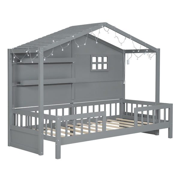 HomeRoots Gray Wood Twin Canopy Bed Frame - Modern Elegance with Sturdy Support for a Restful Bedroom Retreat 602087