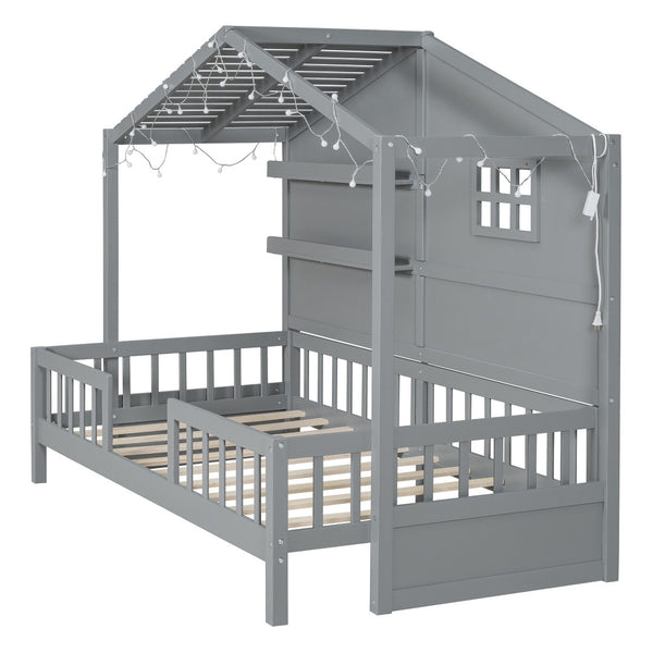 HomeRoots Gray Wood Twin Canopy Bed Frame - Modern Elegance with Sturdy Support for a Restful Bedroom Retreat 602087