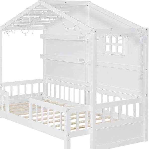 HomeRoots White Wood Twin Canopy Bed Frame - Modern Design for Small Spaces, Stylish & Durable Sleep Solution 602088