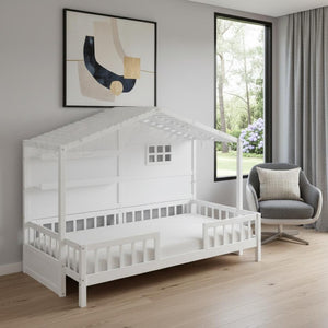 HomeRoots White Wood Twin Canopy Bed Frame - Modern Design for Small Spaces, Stylish & Durable Sleep Solution 602088
