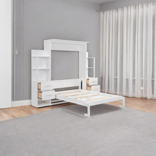 HomeRoots White Wood Full Murphy Bed with LED Lighting – Stylish Space-Saving Solution for Modern Living Spaces 602091