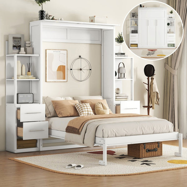 HomeRoots White Wood Full Murphy Bed with LED Lighting – Stylish Space-Saving Solution for Modern Living Spaces 602091