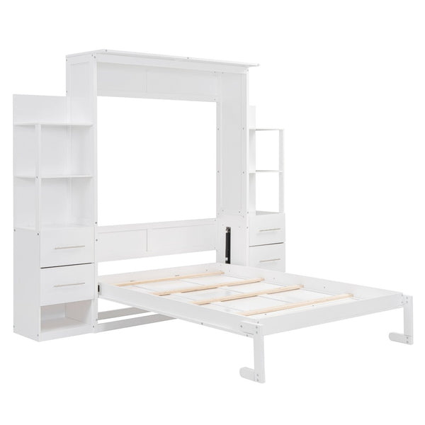 HomeRoots White Wood Full Murphy Bed with LED Lighting – Stylish Space-Saving Solution for Modern Living Spaces 602091