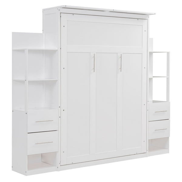 HomeRoots White Wood Full Murphy Bed with LED Lighting – Stylish Space-Saving Solution for Modern Living Spaces 602091