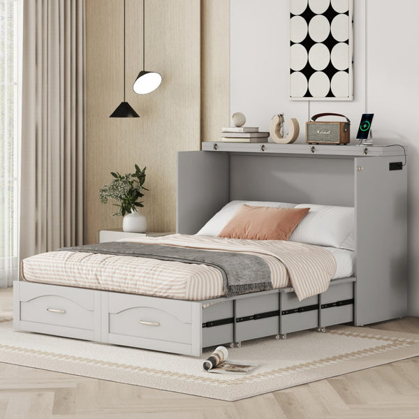 HomeRoots Gray Wood Full Murphy Bed with USB Port – Space-Saving Design for Small Rooms & Modern Convenience 602102