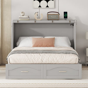 HomeRoots Gray Wood Full Murphy Bed with USB Port – Space-Saving Design for Small Rooms & Modern Convenience 602102