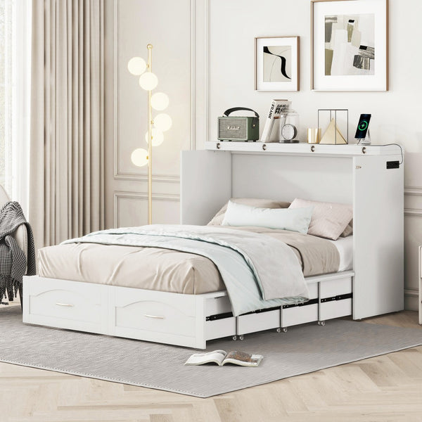HomeRoots White Wood Full Murphy Bed with USB - Space-Saving Design, Stylish Storage, and Comfort for Any Room 602103