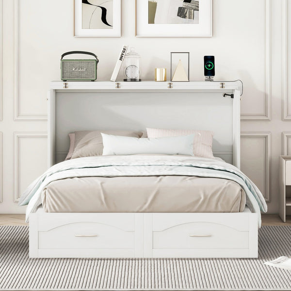 HomeRoots White Wood Full Murphy Bed with USB - Space-Saving Design, Stylish Storage, and Comfort for Any Room 602103