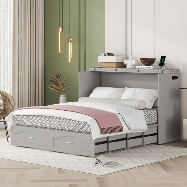 HomeRoots Gray Wood Queen Murphy Bed - Stylish Space-Saving Design with USB for Modern Living Rooms & Studios 602104