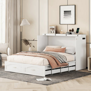 HomeRoots White Wood Queen Murphy Bed with USB Port – Space-Saving Elegance for Stylish Homes and Guests 602105