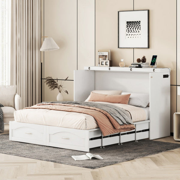 HomeRoots White Wood Queen Murphy Bed with USB Port – Space-Saving Elegance for Stylish Homes and Guests 602105
