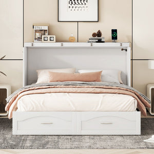 HomeRoots White Wood Queen Murphy Bed with USB Port – Space-Saving Elegance for Stylish Homes and Guests 602105