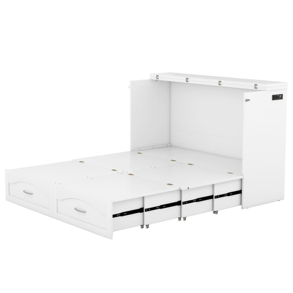HomeRoots White Wood Queen Murphy Bed with USB Port – Space-Saving Elegance for Stylish Homes and Guests 602105