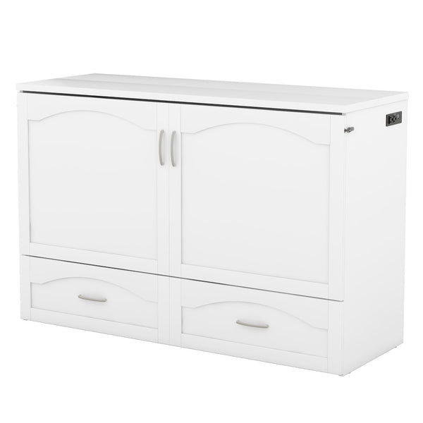 HomeRoots White Wood Queen Murphy Bed with USB Port – Space-Saving Elegance for Stylish Homes and Guests 602105