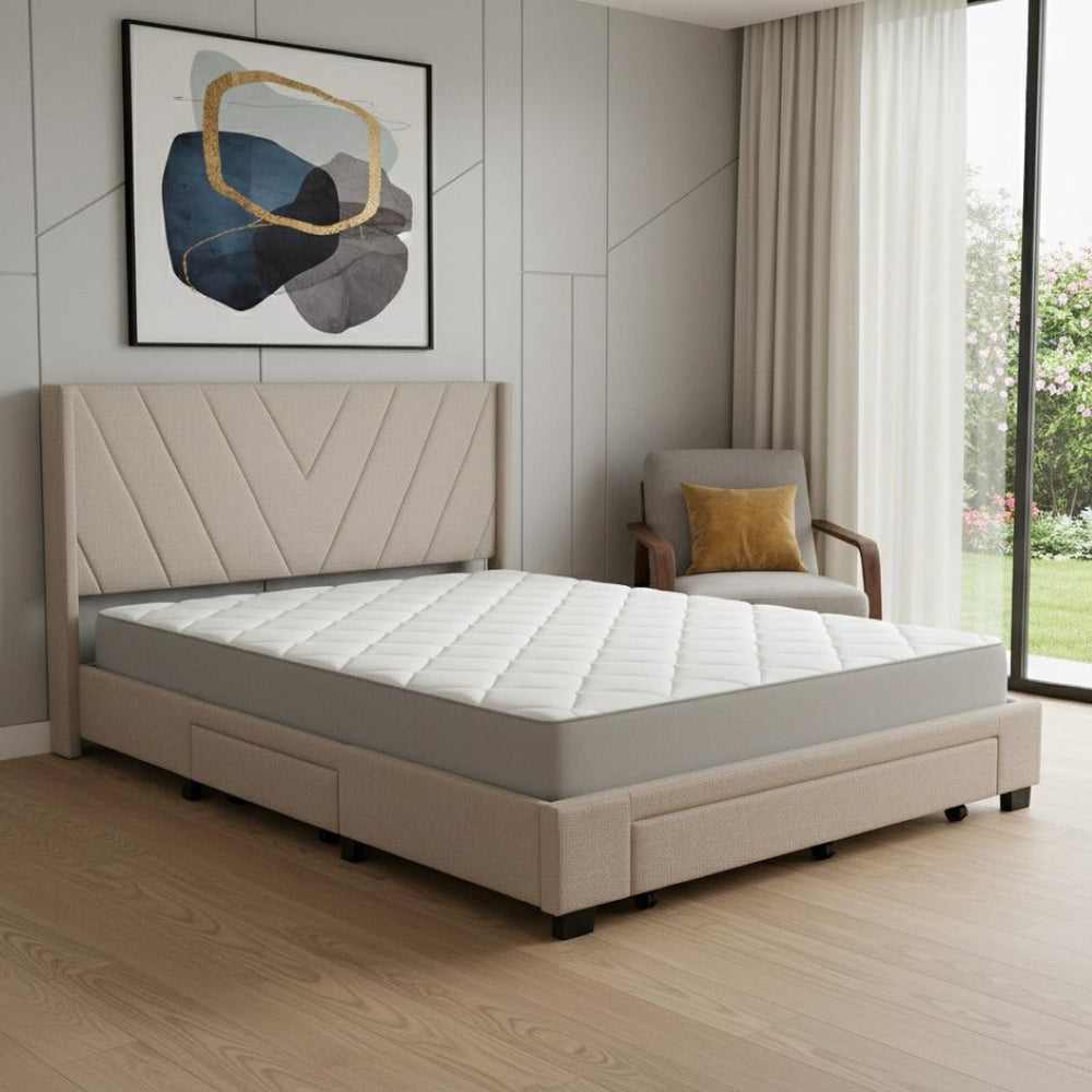 HomeRoots Beige Tufted Linen Queen Bed Frame with Drawers - Elegant Design for Modern Bedrooms & Storage Solutions 602119