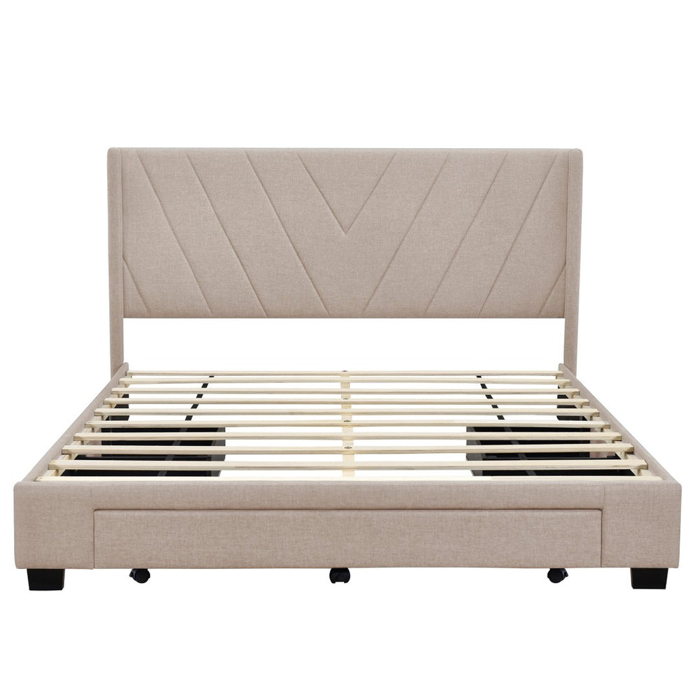 HomeRoots Beige Tufted Linen Queen Bed Frame with Drawers - Elegant Design for Modern Bedrooms & Storage Solutions 602119