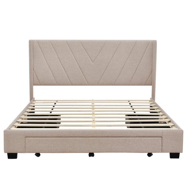HomeRoots Beige Tufted Linen Queen Bed Frame with Drawers - Elegant Design for Modern Bedrooms & Storage Solutions 602119