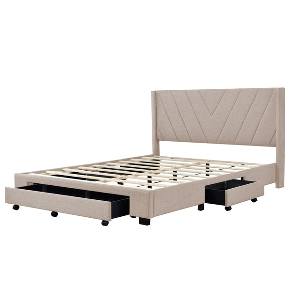 HomeRoots Beige Tufted Linen Queen Bed Frame with Drawers - Elegant Design for Modern Bedrooms & Storage Solutions 602119