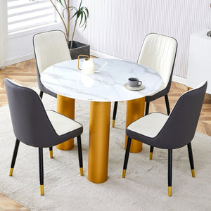 English Elm Table Set With Elegant Round White Marble Top, Gold Legs, And Soft Dining Chairs For Stylish Spaces W1151S01135-GIGA