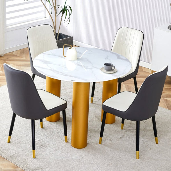 English Elm Table Set With Elegant Round White Marble Top, Gold Legs, And Soft Dining Chairs For Stylish Spaces W1151S01135-GIGA