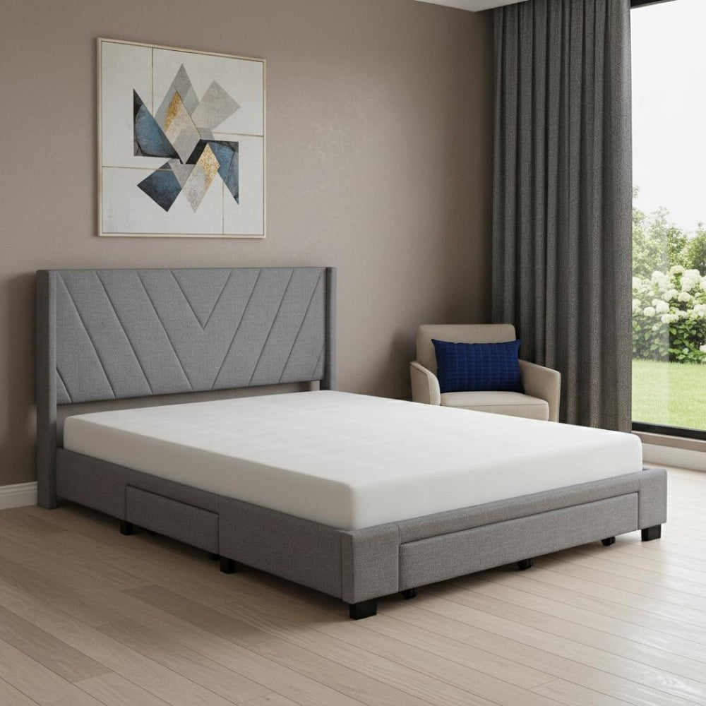 HomeRoots Gray Tufted Linen Upholstered Queen Bed Frame with Built-In Storage Drawers for Modern Bedrooms 602120